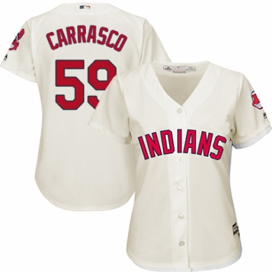 Women's Majestic Cleveland Indians 59 Carlos Carrasco Replica Cream Alternate 2 Cool Base MLB Jersey