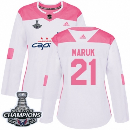 Women's Adidas Washington Capitals 21 Dennis Maruk Authentic White Pink Fashion 2018 Stanley Cup Final Champions NHL Jersey