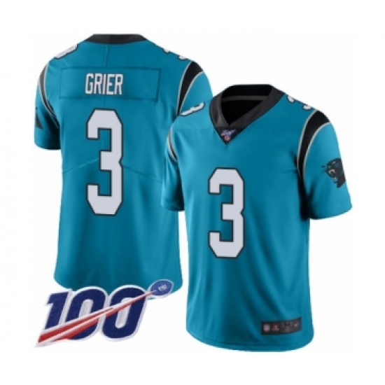 Men's Carolina Panthers 3 Will Grier Limited Blue Rush Vapor Untouchable 100th Season Football Jersey