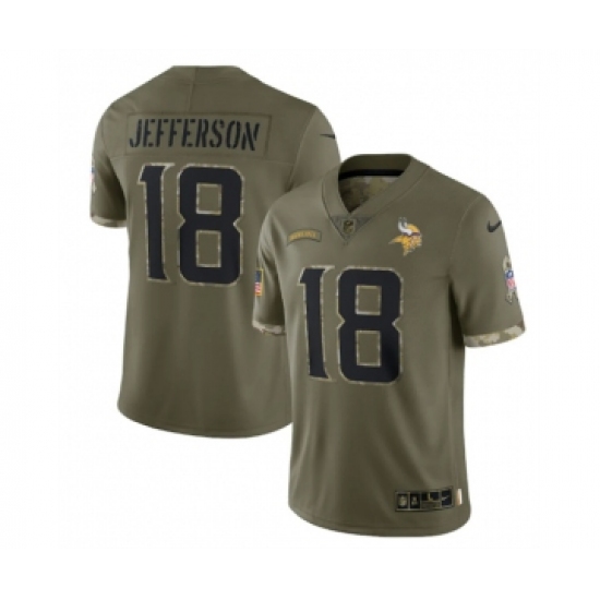 Men's Minnesota Vikings 18 Justin Jefferson 2022 Olive Salute To Service Limited Stitched Jersey