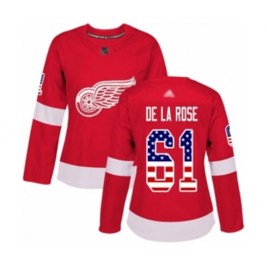 Women's Detroit Red Wings 61 Jacob de la Rose Authentic Red USA Flag Fashion Hockey Jersey
