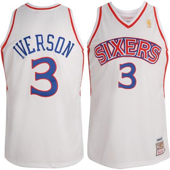 Men's Mitchell and Ness Philadelphia 76ers 3 Allen Iverson Authentic White Throwback NBA Jersey