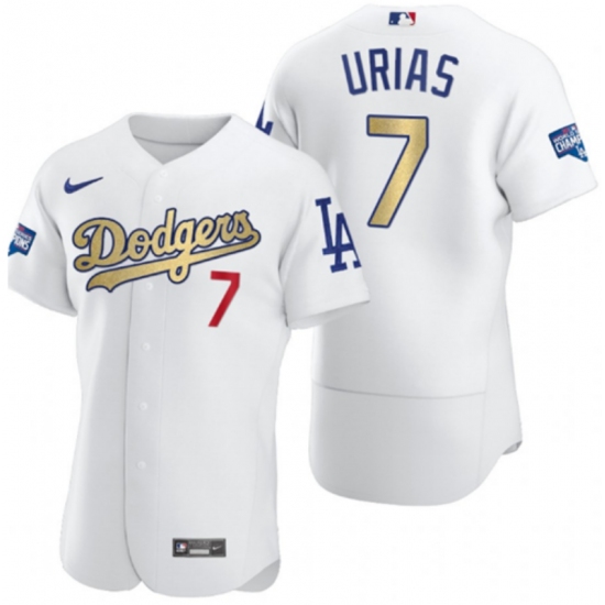 Men's Los Angeles Dodgers 7 Julio Urias Olive Gold 2020 World Series Champions Authentic Jersey