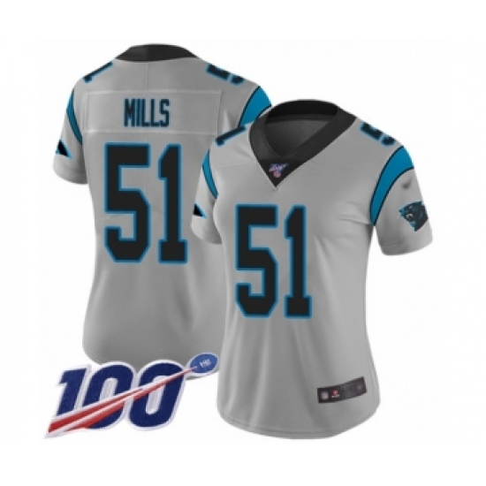 Women's Carolina Panthers 51 Sam Mills Silver Inverted Legend Limited 100th Season Football Jersey