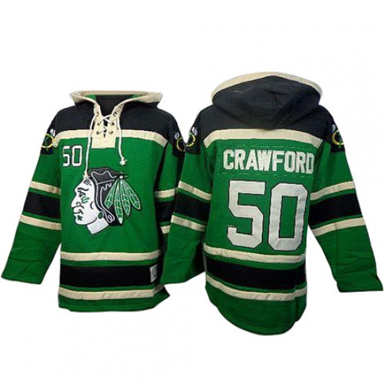 Men's Old Time Hockey Chicago Blackhawks 50 Corey Crawford Authentic Green St. Patrick's Day McNary Lace Hoodie NHL Jersey