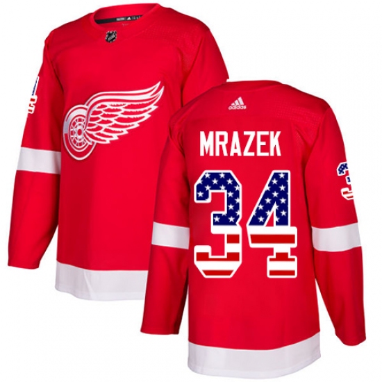 Men's Adidas Detroit Red Wings 34 Petr Mrazek Authentic Red USA Flag Fashion NHL Jersey