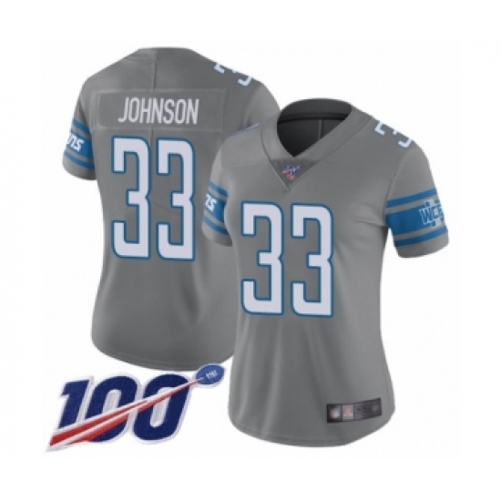 Women's Detroit Lions 33 Kerryon Johnson Limited Steel Rush Vapor Untouchable 100th Season Football Jersey