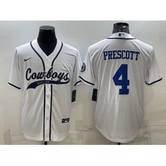 Men's Dallas Cowboys 4 Dak Prescott White With Patch Cool Base Stitched Baseball Jersey