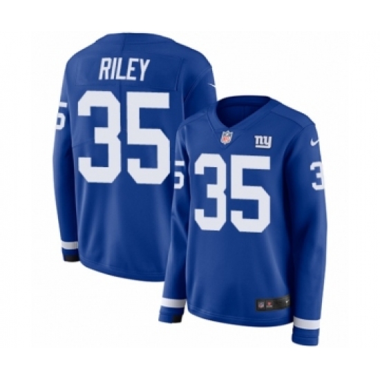 Women's Nike New York Giants 35 Curtis Riley Limited Royal Blue Therma Long Sleeve NFL Jersey