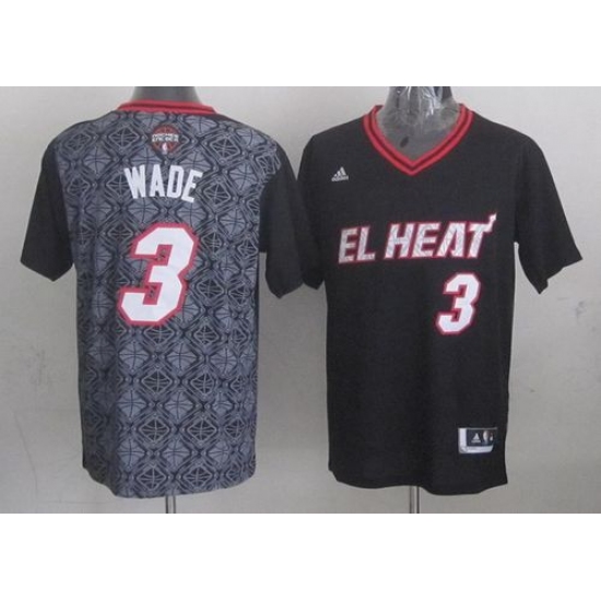 Men's Adidas Miami Heat 3 Dwyane Wade Authentic Black New Latin Nights NBA Jersey