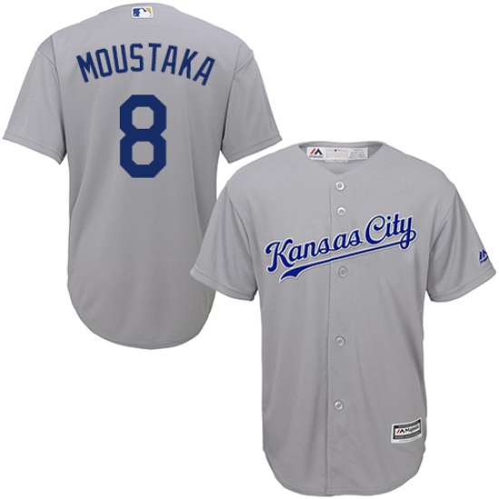 Youth Majestic Kansas City Royals 8 Mike Moustakas Authentic Grey Road Cool Base MLB Jersey