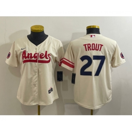 Women's Los Angeles Angels 27 Mike Trout Cream 2022 City Connect Cool Base Stitched Jersey