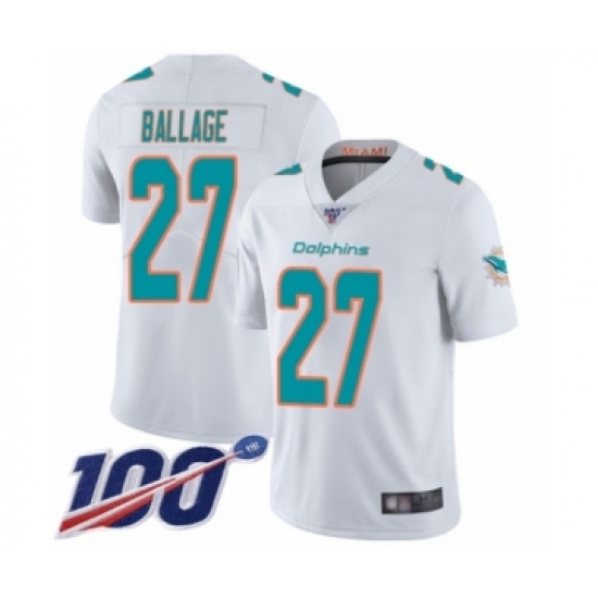 Men's Miami Dolphins 27 Kalen Ballage White Vapor Untouchable Limited Player 100th Season Football Jersey