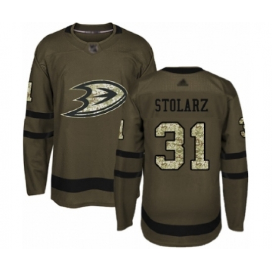 Youth Anaheim Ducks 31 Anthony Stolarz Authentic Green Salute to Service Hockey Jersey