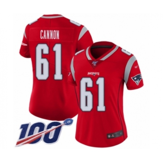 Women's New England Patriots 61 Marcus Cannon Limited Red Inverted Legend 100th Season Football Jersey