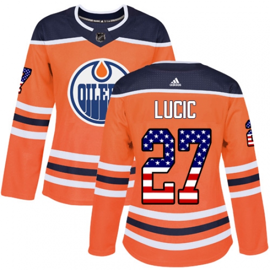 Women's Adidas Edmonton Oilers 27 Milan Lucic Authentic Orange USA Flag Fashion NHL Jersey