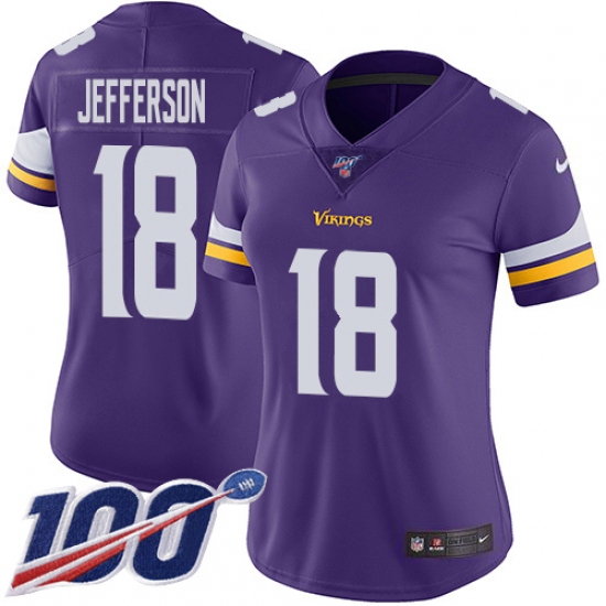 Women's Minnesota Vikings 18 Justin Jefferson Purple Team Color Stitched NFL 100th Season Vapor Untouchable Limited Jersey