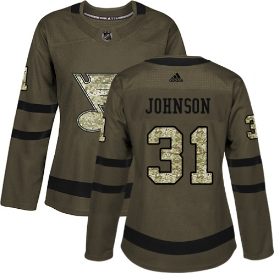 Women's Adidas St. Louis Blues 31 Chad Johnson Authentic Green Salute to Service NHL Jersey