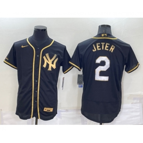 Men's New York Yankees 2 Derek Jeter Black Gold Flex Base Stitched Baseball Jersey