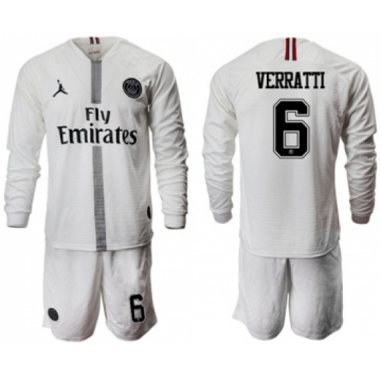 Paris Saint-Germain 6 Verratti White Jordan Long Sleeves Soccer Club Jersey