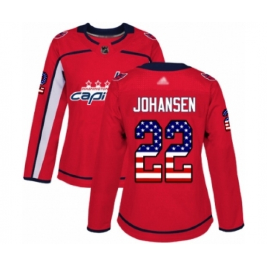Women's Washington Capitals 22 Lucas Johansen Authentic Red USA Flag Fashion Hockey Jersey