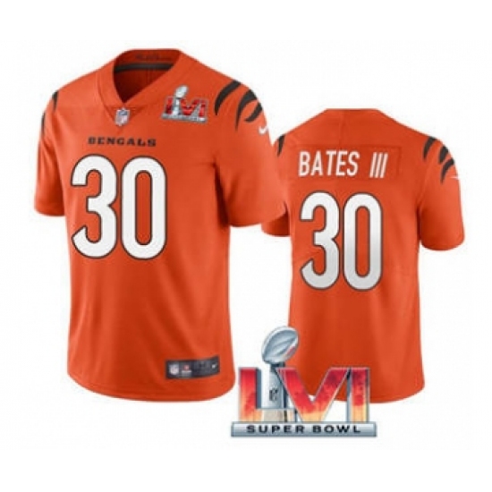 Men's Cincinnati Bengals 30 Jessie Bates III 2022 Orange Super Bowl LVI Vapor Limited Stitched Jersey