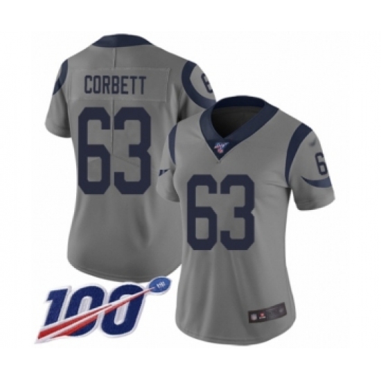 Women's Los Angeles Rams 63 Austin Corbett Limited Gray Inverted Legend 100th Season Football Jersey