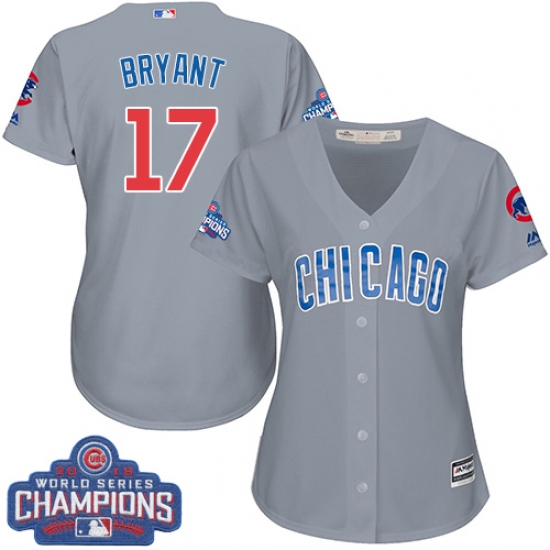 Women's Majestic Chicago Cubs 17 Kris Bryant Authentic Grey Road 2016 World Series Champions Cool Base MLB Jersey