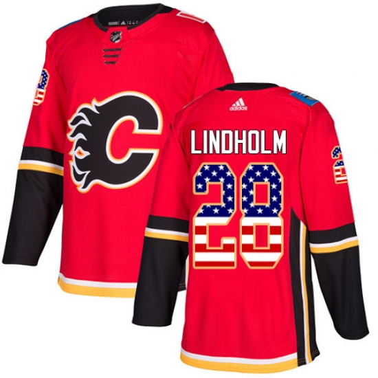Men's Adidas Calgary Flames 28 Elias Lindholm Red Home Authentic USA Flag Stitched NHL Jersey
