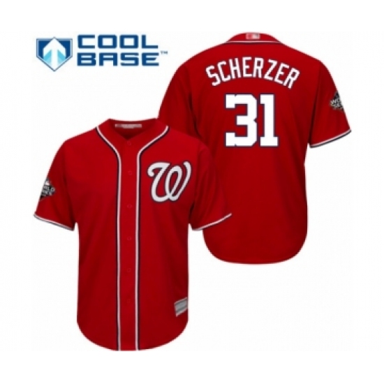 Youth Washington Nationals 31 Max Scherzer Authentic Red Alternate 1 Cool Base 2019 World Series Bound Baseball Jersey