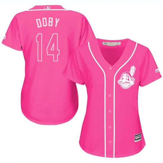 Women's Majestic Cleveland Indians 14 Larry Doby Replica Pink Fashion Cool Base MLB Jersey