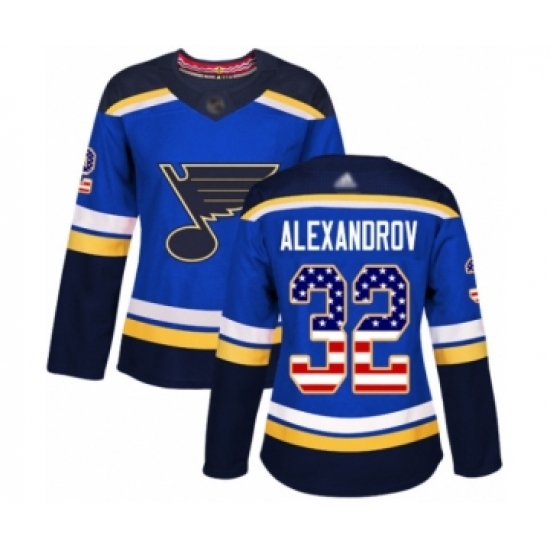 Women's St. Louis Blues 32 Nikita Alexandrov Authentic Blue USA Flag Fashion Hockey Jersey