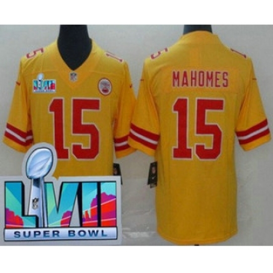 Men's Kansas City Chiefs 15 Patrick Mahomes Limited Yellow Inverted Super Bowl LVII Vapor Jersey