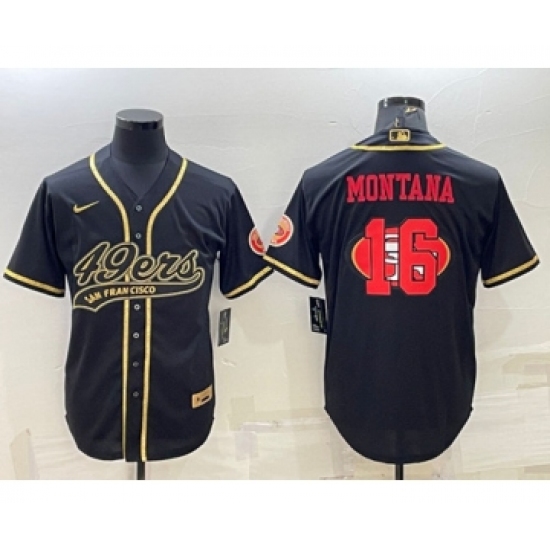 Men's San Francisco 49ers 16 Joe Montana Black Gold Team Big Logo With Patch Cool Base Stitched Baseball Jersey