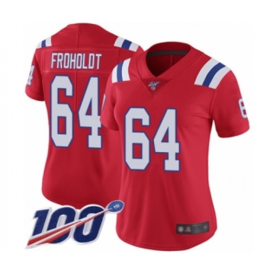 Women's New England Patriots 64 Hjalte Froholdt Red Alternate Vapor Untouchable Limited Player 100th Season Football Jersey