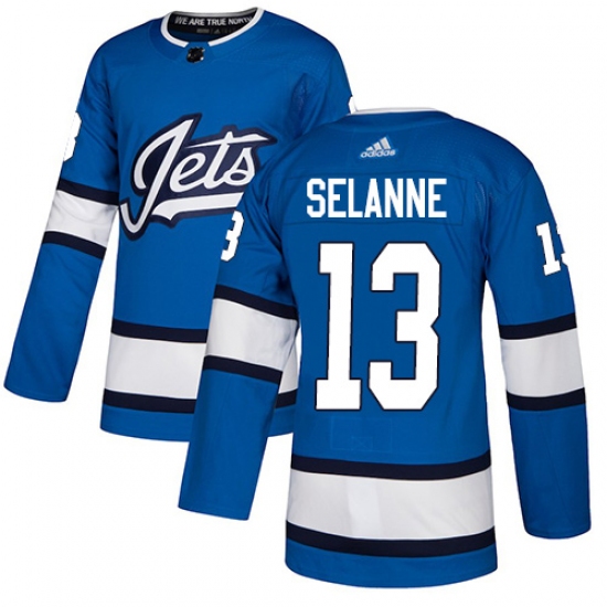 Men's Adidas Winnipeg Jets 13 Teemu Selanne Authentic Blue Alternate NHL Jersey
