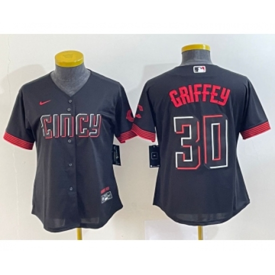 Women's Cincinnati Reds 30 Ken Griffey Jr Black 2023 City Connect Cool Base Stitched Jersey1