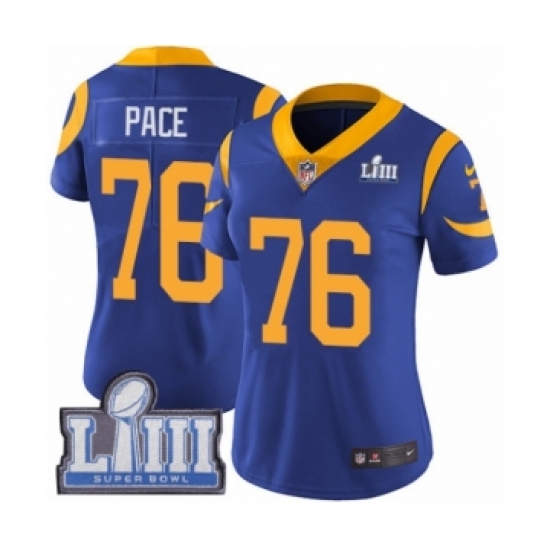 Women's Nike Los Angeles Rams 76 Orlando Pace Royal Blue Alternate Vapor Untouchable Limited Player Super Bowl LIII Bound NFL Jersey