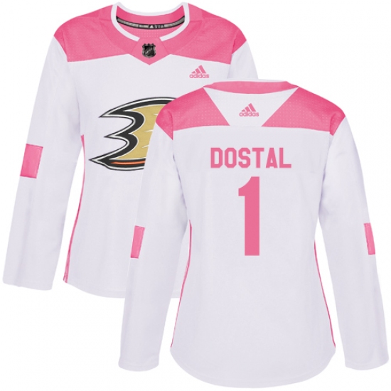 Women's Adidas Anaheim Ducks 1 Lukas Dostal Authentic White Pink Fashion NHL Jersey