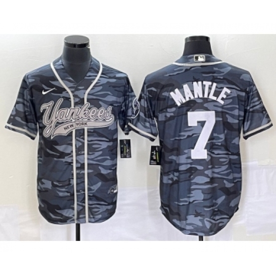 Men's New York Yankees 7 Mickey Mantle Grey Camo Cool Base Stitched Baseball Jersey