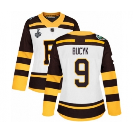 Women's Boston Bruins 9 Johnny Bucyk Authentic White Winter Classic 2019 Stanley Cup Final Bound Hockey Jersey