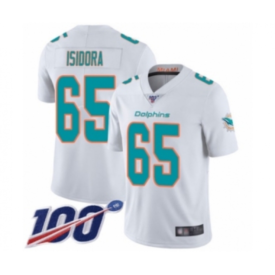 Youth Miami Dolphins 65 Danny Isidora White Vapor Untouchable Limited Player 100th Season Football Jersey