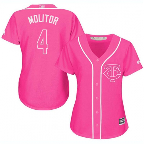 Women's Majestic Minnesota Twins 4 Paul Molitor Authentic Pink Fashion Cool Base MLB Jersey