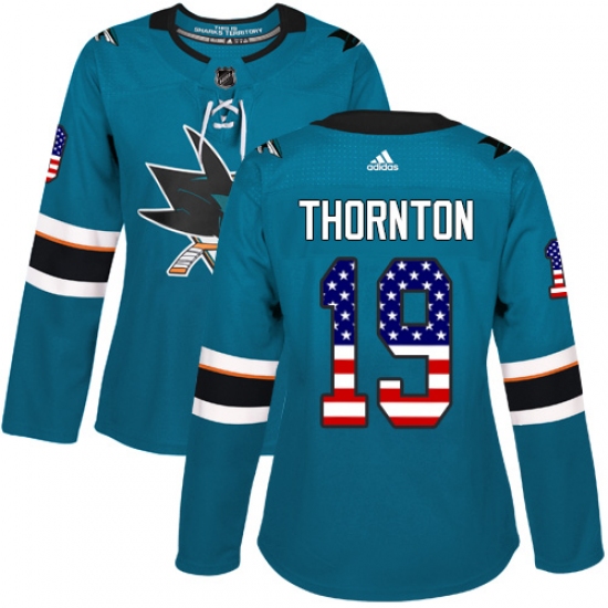 Women's Adidas San Jose Sharks 19 Joe Thornton Authentic Teal Green USA Flag Fashion NHL Jersey