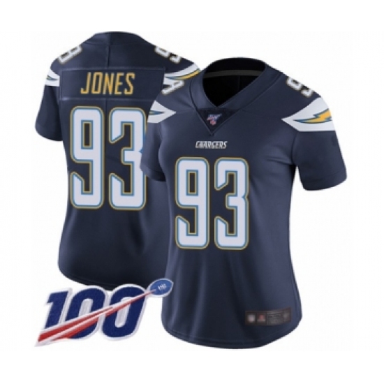 Women's Los Angeles Chargers 93 Justin Jones Navy Blue Team Color Vapor Untouchable Limited Player 100th Season Football Jersey