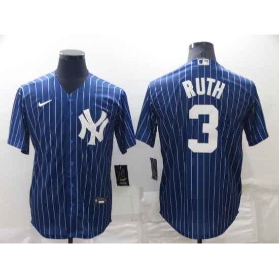 Men's New York Yankees 3 Babe Ruth Navy Blue Pinstripe Stitched MLB Cool Base Nike Jersey
