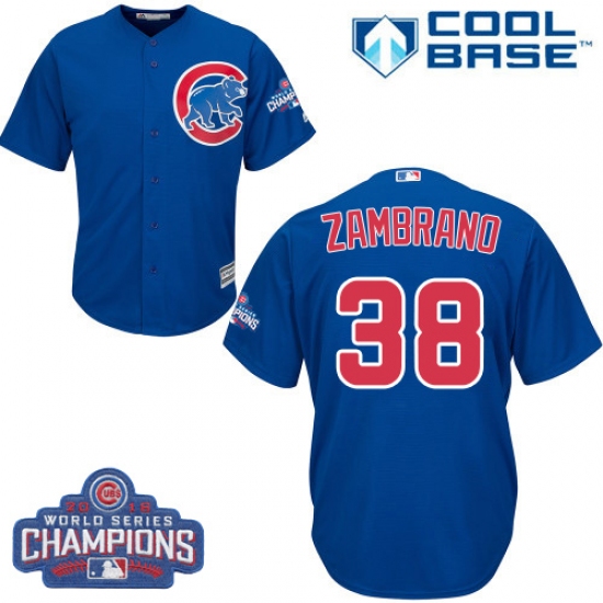Youth Majestic Chicago Cubs 38 Carlos Zambrano Authentic Royal Blue Alternate 2016 World Series Champions Cool Base MLB Jersey