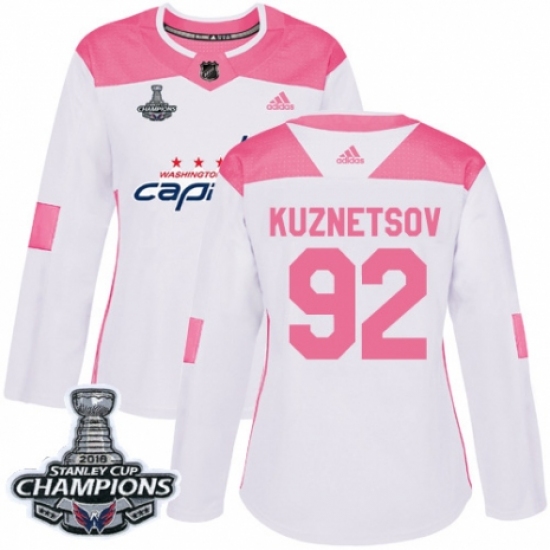 Women's Adidas Washington Capitals 92 Evgeny Kuznetsov Authentic White Pink Fashion 2018 Stanley Cup Final Champions NHL Jersey