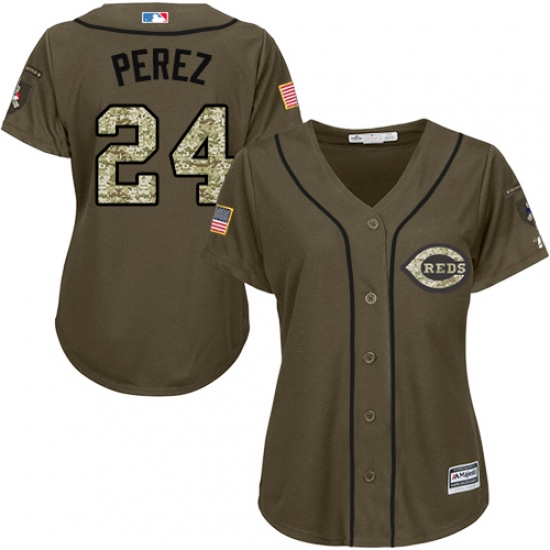 Women's Majestic Cincinnati Reds 24 Tony Perez Replica Green Salute to Service MLB Jersey