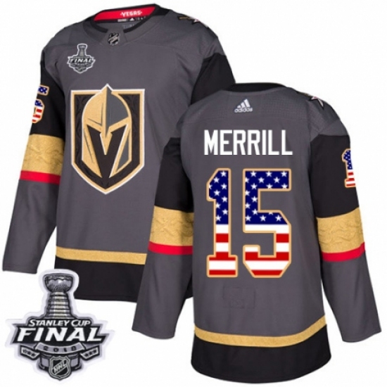 Youth Adidas Vegas Golden Knights 15 Jon Merrill Authentic Gray USA Flag Fashion 2018 Stanley Cup Final NHL Jersey